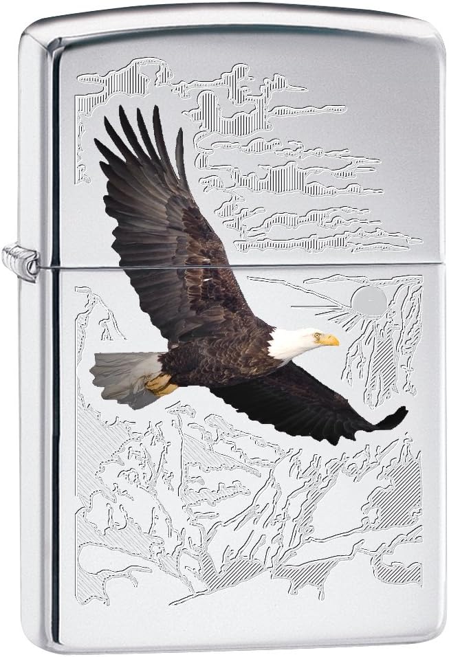 Zippo Lighter: Bald Eagle with Engraved Background - High Polish Chrome 78516