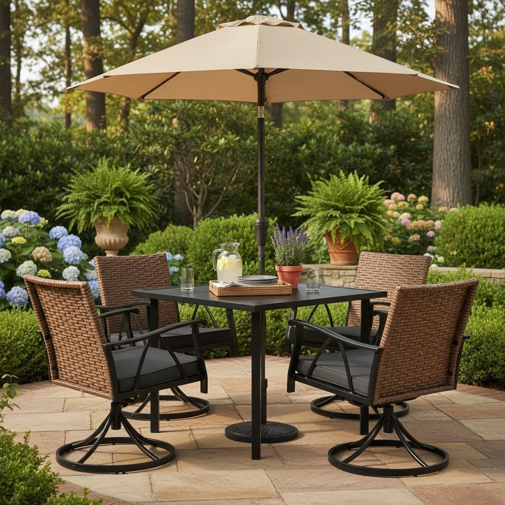 5-Piece Patio Dining Set for 4，Outdoor Dining Set with Wicker Swivel Patio Dining Chairs with Cushions & 1 Black Square Woodgrain Dining Table with 1.75”Market Umbrella Hole, Black & Brown