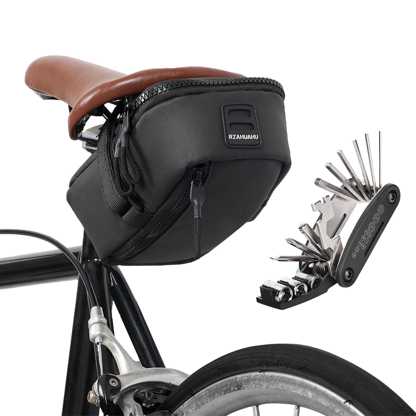Satteltaschen für Fahrrad, Fahrradtasche Sattel Klein mit Großer Kapazität, 2 Fächer Satteltasche Rennrad Wasserdicht mit 16-in-1 Multitool für Handy,