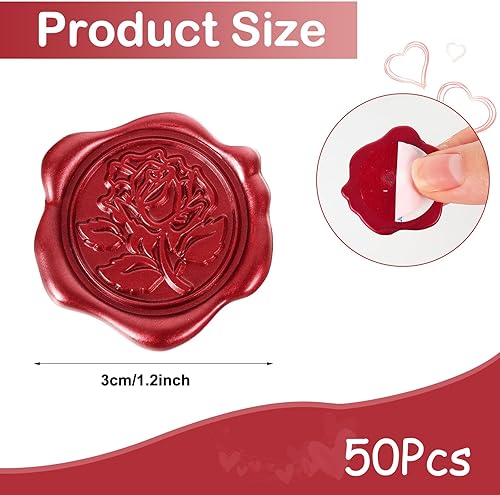 Miniatura 2 de Whaline 50 calcomanías de sello de cera de rosa, calcomanías de sello de sobres rojos 3D autoadhesivas en relieve para tarjetas de invitación de