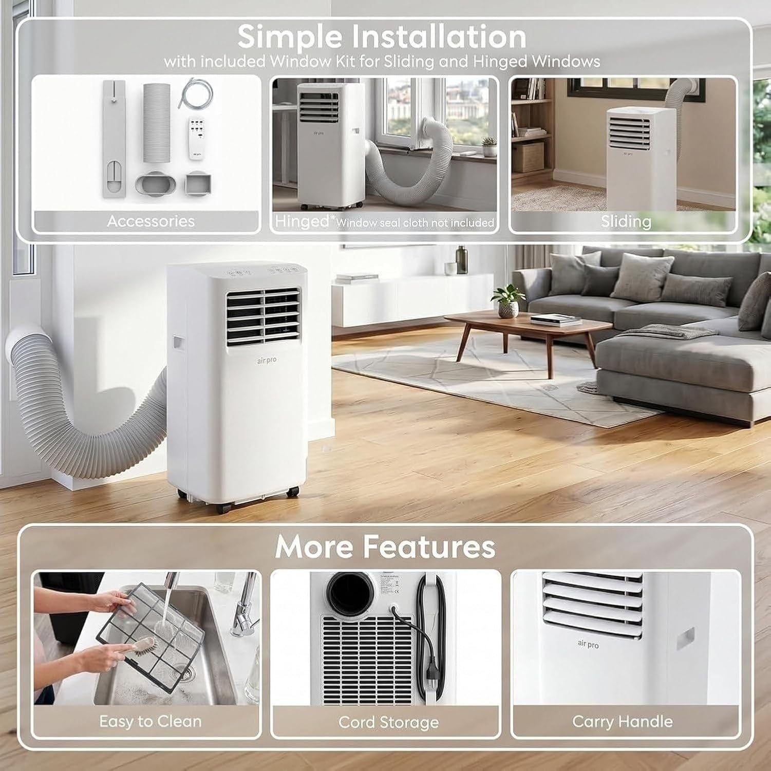 Aire Acondicionado Portátil 12000 BTU 4-en-1 Unidad Móvil con Control Remoto, Temporizador 24 Horas y Kit de Ventana, Enfriamiento Potente para Hogar, White, 5000 BTU