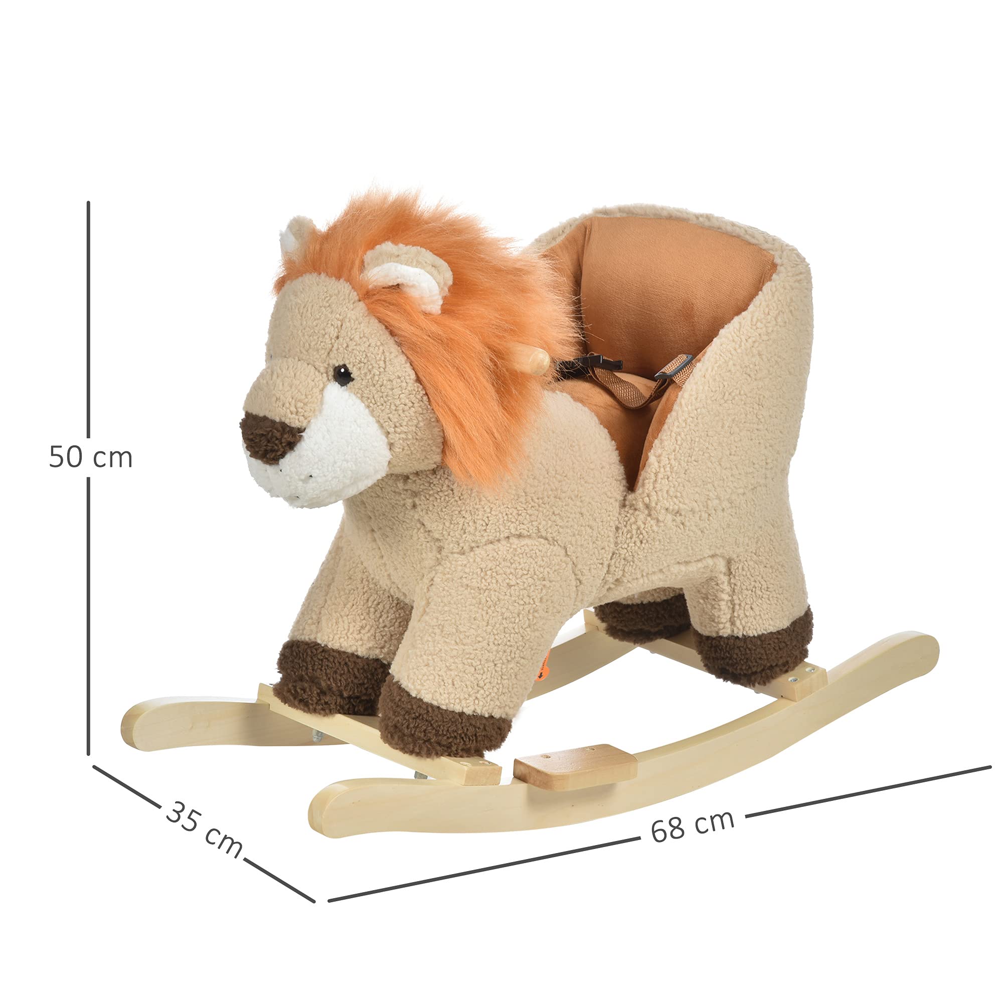 HOMCOM Caballito Balancín Infantil en Forma de León de Felpa Balancín para Bebés 18-36 Meses con Sonido Cinturón de Seguridad Manillar y Reposapiés 68x35x50 cm Marrón