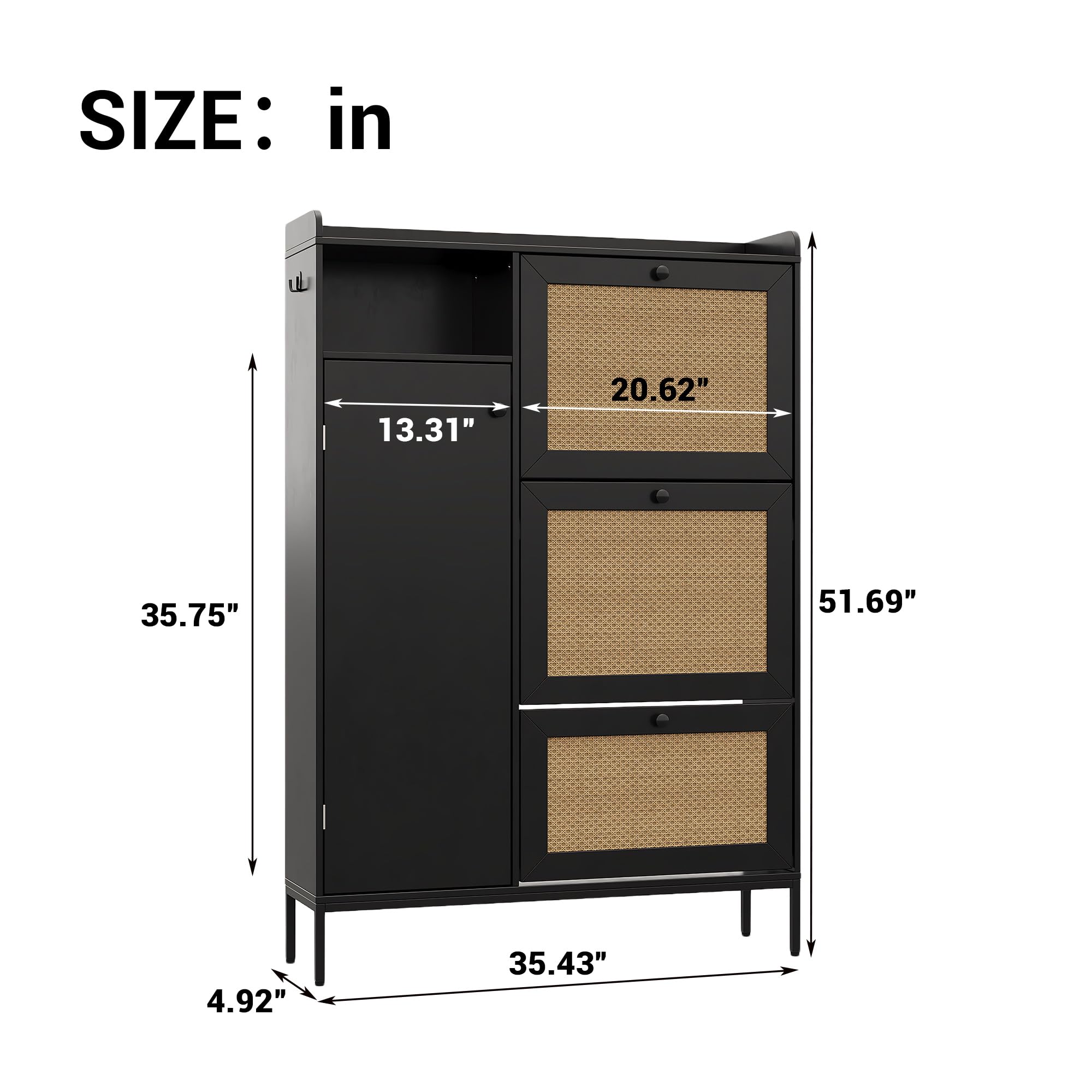 Mueble Zapatero de Ratán de 3 Niveles con Puerta Basculante, 3 Cajones Abatibles, Estantes Ajustables y Compartimentos Abiertos, Zapatero Entrada Recibidor Estrecho con Una Valla en la Parte Superior