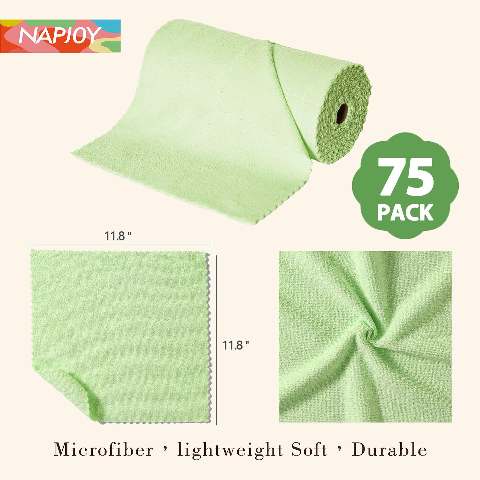 Napjoy Rollo de paño de limpieza de microfibra, toallas de papel reutilizables fáciles de quitar, paquete de 75 paños de microfibra ultra suaves para cocina, limpieza, ventana, coche, jardín, baño,