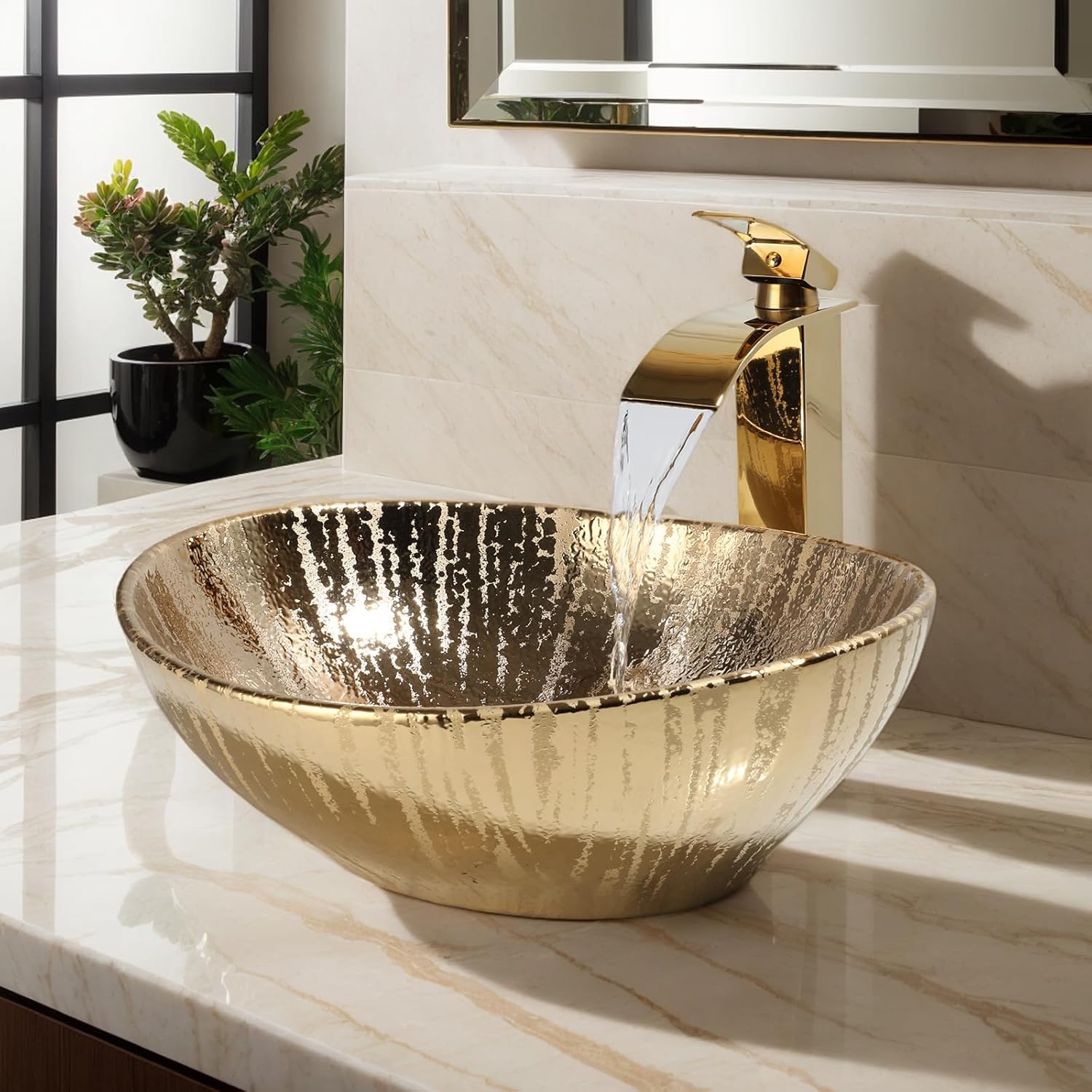 Gold Ceramic Bathroom Vessel Sink with Faucet and Drain Combo Bowl Above Counter Vessel Sink Oval for Modern Luxury Bathroom