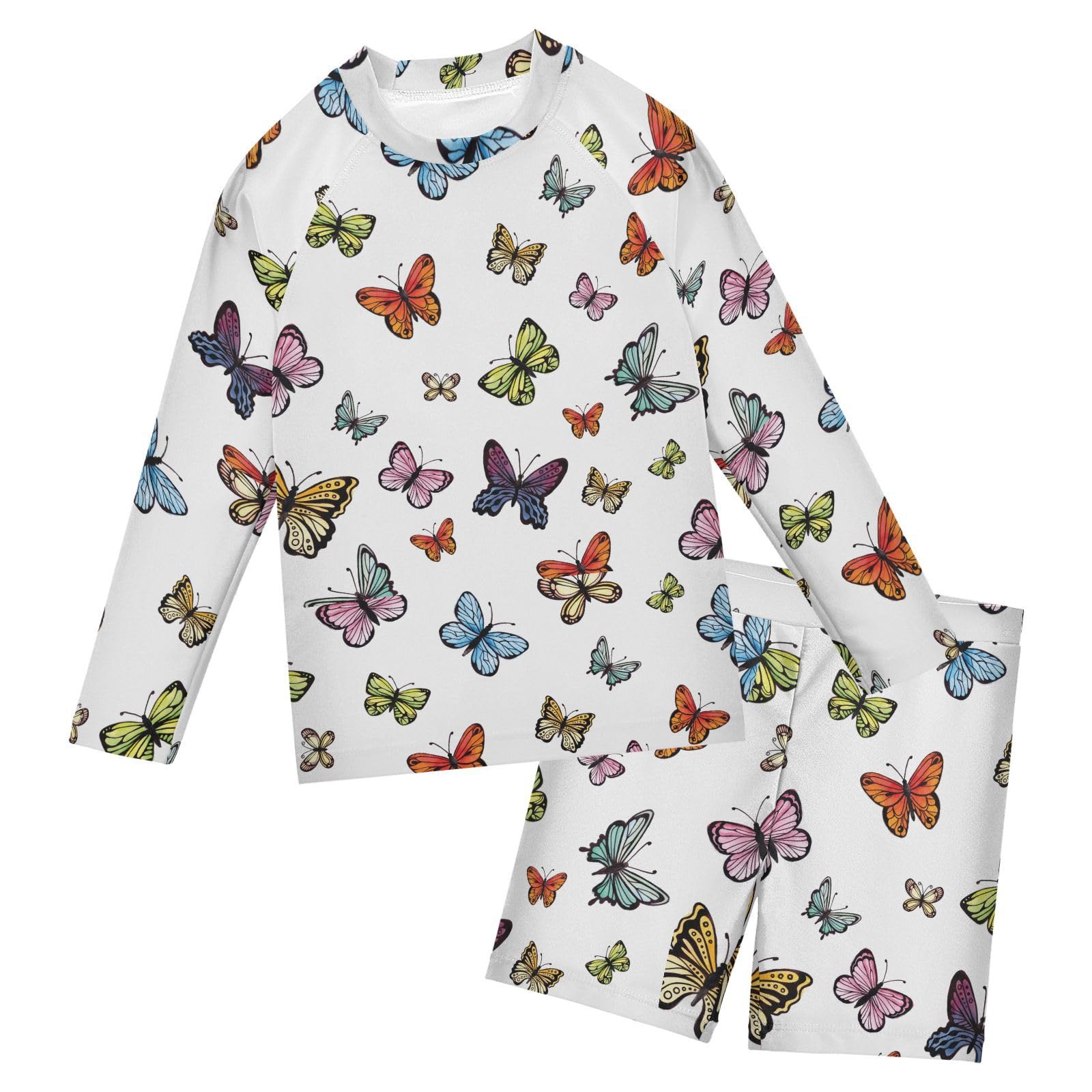 Aflyko Kids' Bathing Suit Set Rainbow Summer Spring Butterfly Long Sleeve Swim Tops with Shorts Summer Vacation Pool Party Rashguard Fun Cute Toddler Infant Beachwear, 4T