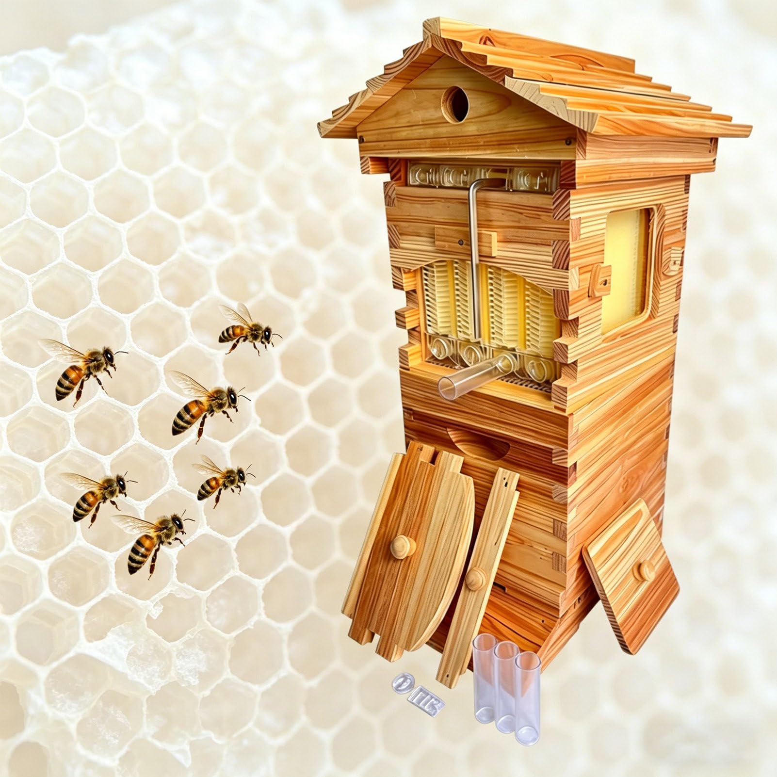 Pvxa Self-Flowing Honey Hive, Beehive Starter Kit, Wooden Beehive Box with Observation Window & Honey Tap, for Beekeeping Natural Wood Color Small