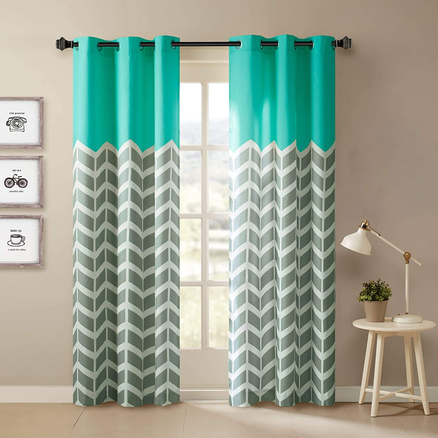 StyleWorth 3D Digital Printed Polyester Blend Silhouette Zigzag Aqua Curtain , Blue , 4 x 5 Feet, Set of 2