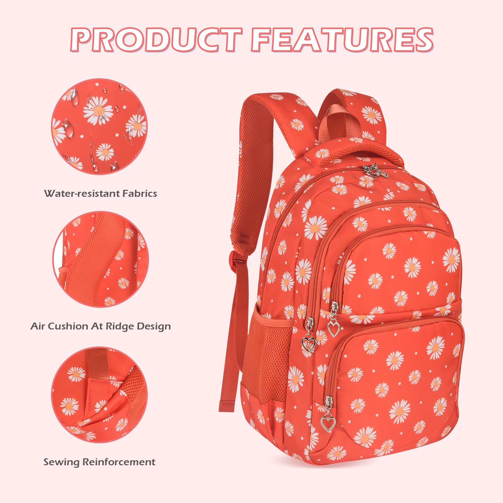 SIVENKE Set di zaino per la scuola con stampa di margherite, con borsa per il pranzo, astuccio, 3 pezzi, borse per la scuola per adolescenti, ragazze, ragazzi, scuola elementare, media, resistente