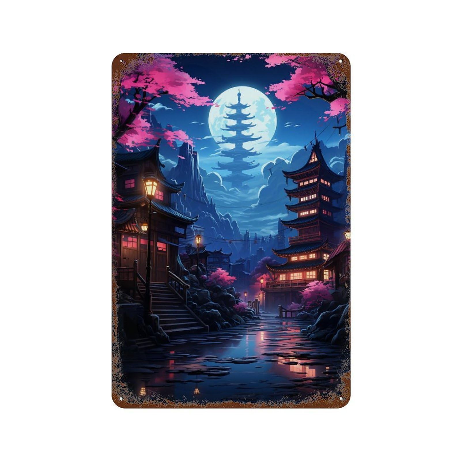 Cherry Blossom Night in Asia Rust Effect Tin Sign 11.8"x7.9", Industrial Home Decor for Garage, Pub Or Kitchen