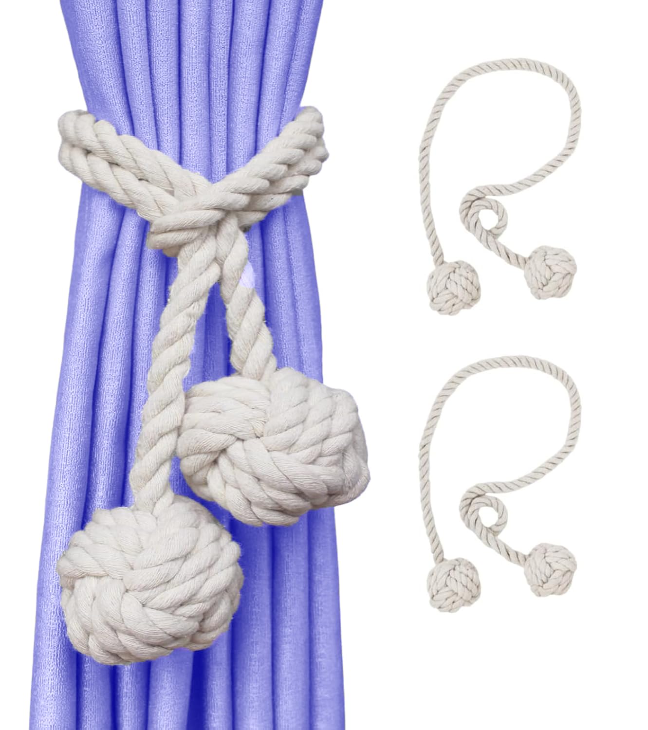 JAZLOG (JAZLOG3164) Boho Curtain Tiebacks with Natural Cotton Rope, 2 Pieces, Beige Black Curtain Curtains with Voile Tie Unique Curtain Ties Designer Grey Tie Ways to Simple Tieback Hooks no Drill-image-16