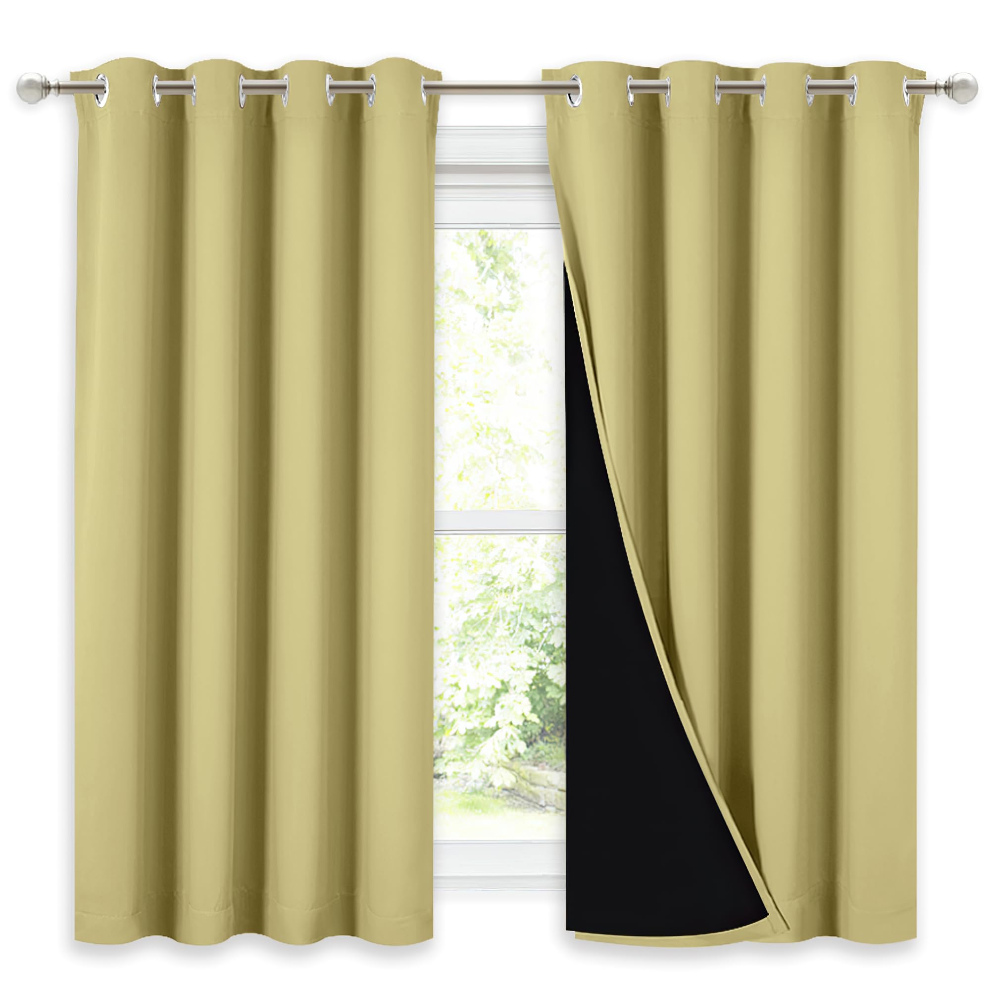 NICETOWN 100% Blackout Curtains with Black Liners, Thermal Insulated Full Blackout 2-Layer Lined Drapes, Noise Cancellation Window Drapes for Dining Room (Paler Yellow, 2 Panels, 52" W by 54" L)