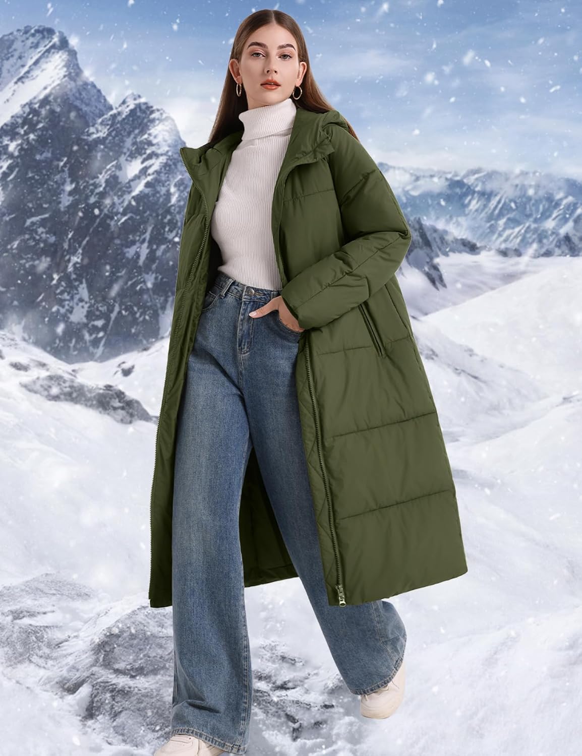 Flygo Womens Hooded Long Puffer Coat Winter Jackets Coats Warm Maxi Long Sleeve Zip Padded Down Cocoon Outerwear - Image 2