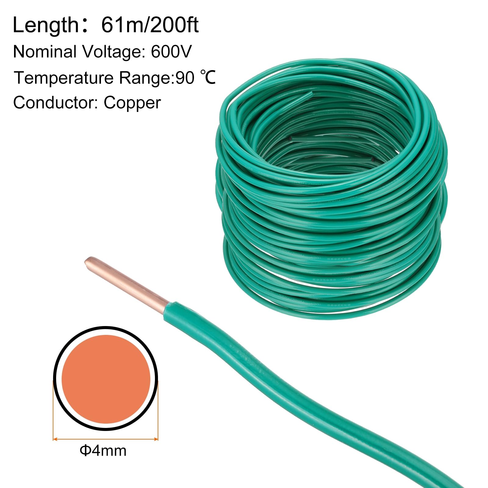 QUARKZMAN 200 Fuß Elektrischer Draht Isoliert Fester Kupfer 14AWG Anschlusskabel THHN Draht Wohnbereich Industrie Erdung Elektrisch Bewertet Für 600 Volt UL Gelistet Grün