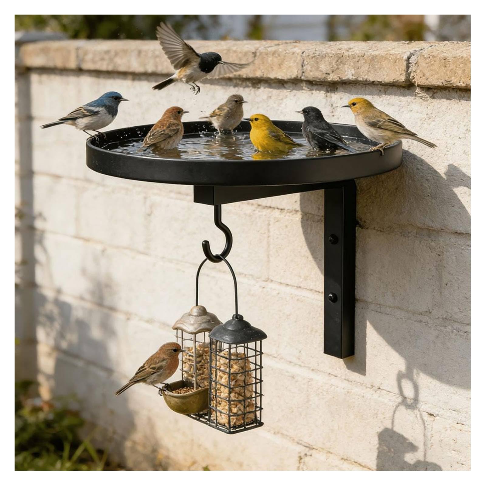 Tree Mounted & Fence Mounted Bird Bath, Metal Bird Feeder Tray with Hanging Bracket, 21.8x20x17cm Black Wall Mount BirdBath Tray for Outside Garden Balcony Deck Patio Decor