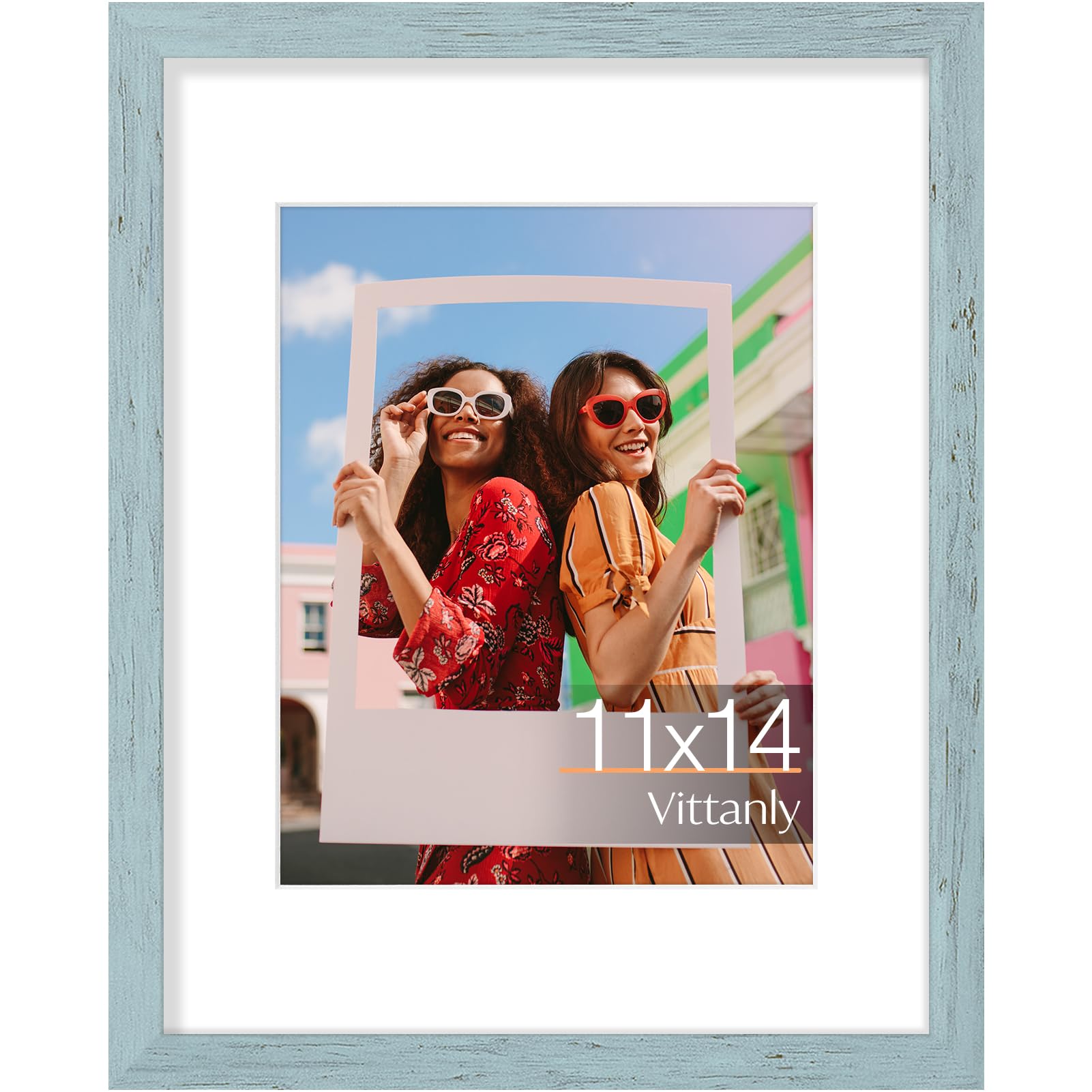 Vittanly 11x14 Picture Frame, Display Pictures 8x10 with Mat or 11x14 without Mat, Photo Frame for Wall or Table Top Display, Rustic Blue, 1 Pack — image 1
