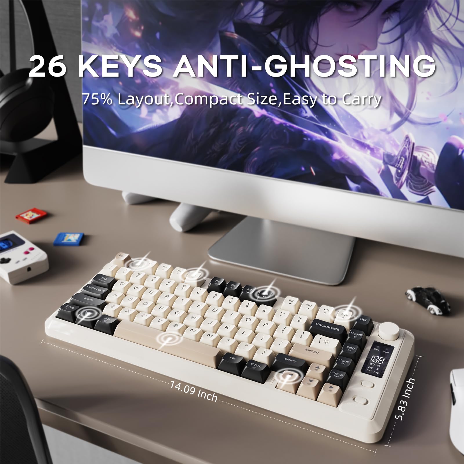 ZIYOU LANG M75 82-Klawiszowa Bezprzewodowa Klawiatura Membranowa,Inteligentny Wyświetlacz i Pokrętło,Tryb Podwójny BT/2,4 GHz,Nakładki na Klawisze PBT,Podświetlenie Tęczowe (Serowy)