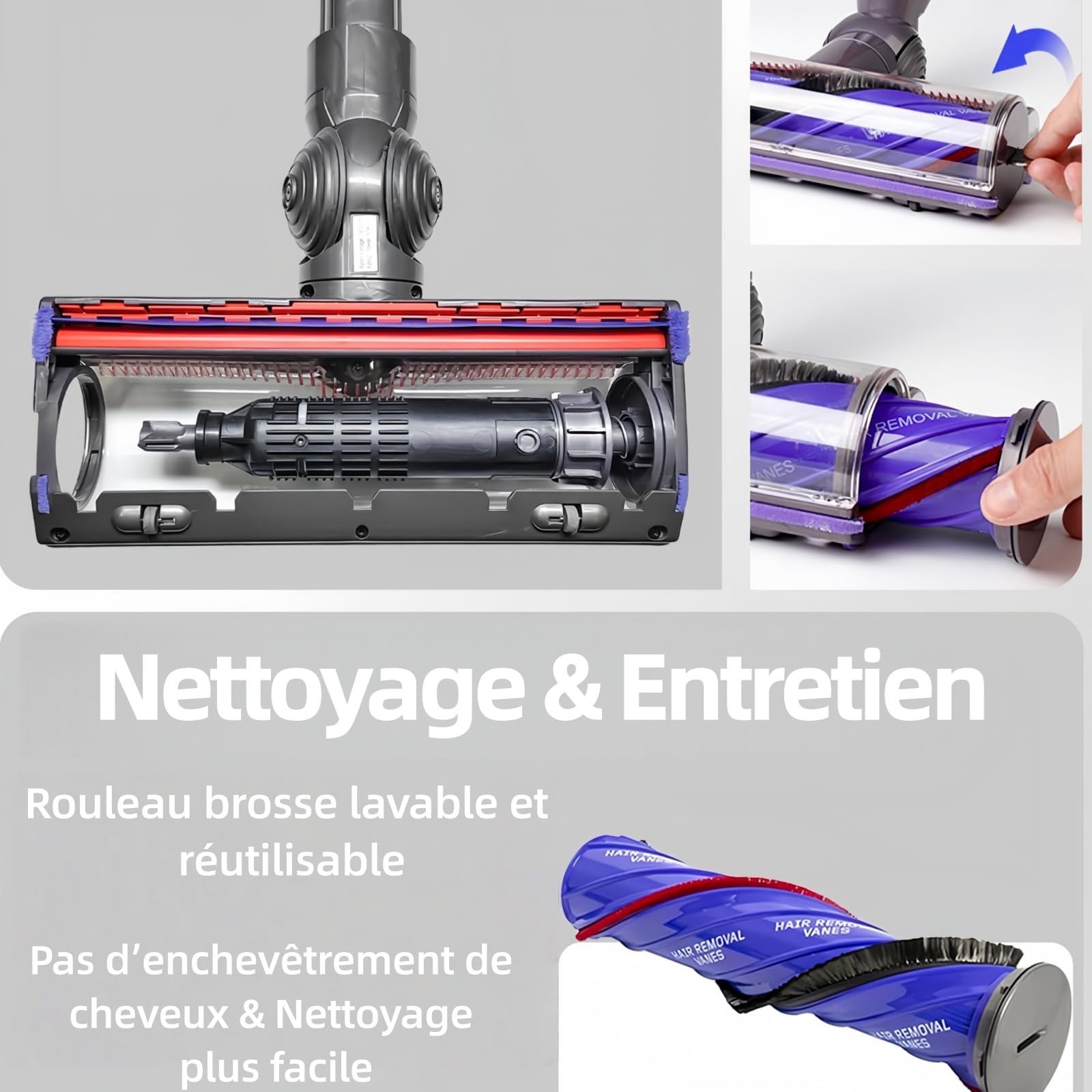 Tête de Brosse Anti-Emmêlement pour Dyson V7 V8 V10 V11 V15 | Brosse Electrique Motorisée Accessoire de Rechange pour Aspirateur, Embout Rouleau pour Poils d'Animaux Sols Durs et Tapis