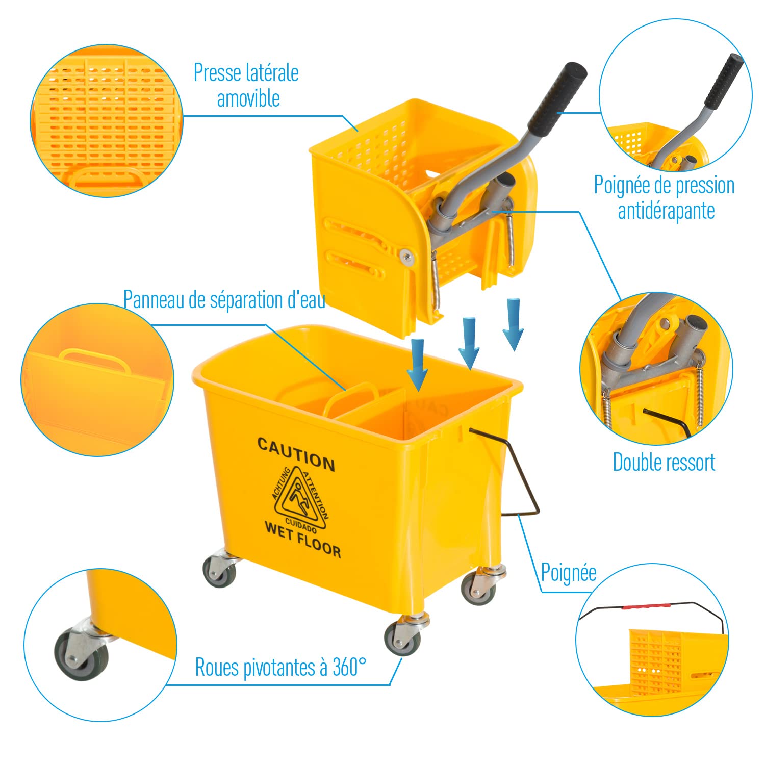 HOMCOM Chariot de Nettoyage Lavage Seau de ménage 20 L avec essoreur et séparateur Eau Sale Propre Jaune 60L x 27l x 70,5H cm