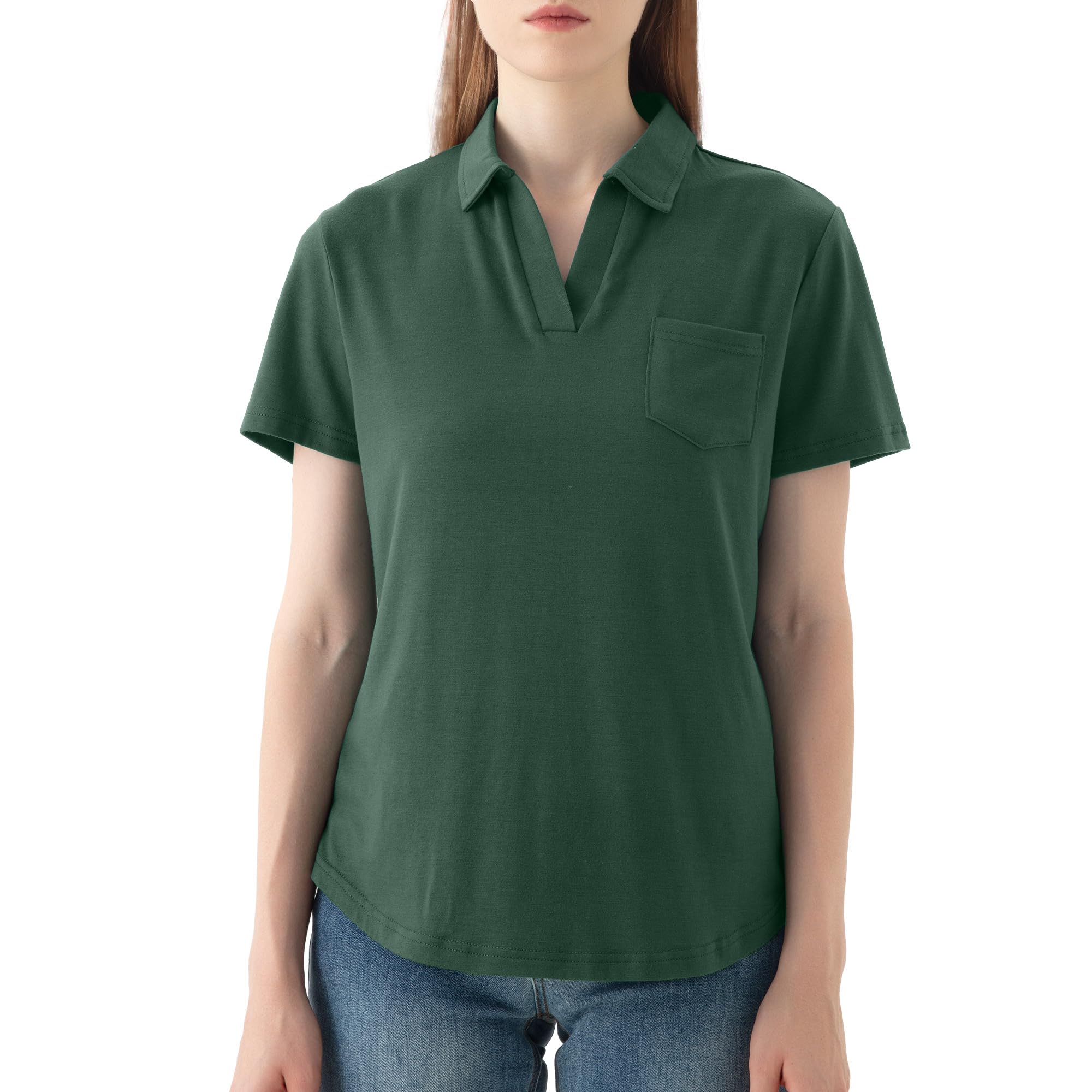 Vanmolrsa Women's V-Neck Ruffle Design Polo Shirts Short Sleeve Collared Loose Casual Tunic Blouses with Pocket