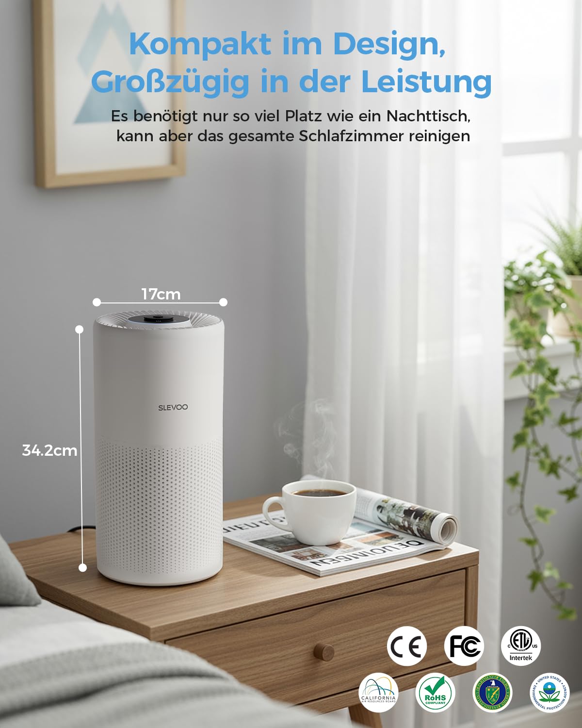 Slevoo Luftreiniger Schlafzimmer mit H13 HEPA Filter, 240m³/h CADR, Leise | Air Purifier für Räume bis 102 m² gegen Allergie, Pollen, Staub, Rauch & Tierhaare, mit Timer & Aromatherapie, Weiß