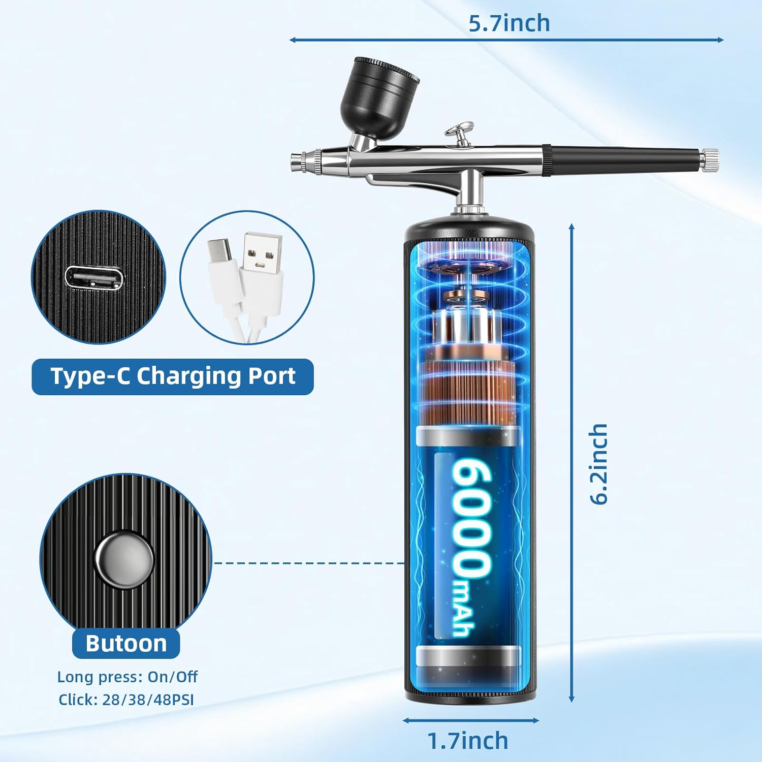 Airbrush for Nails Kit with Compressor, 48PSI Cordless Rechargeable Nail Airbrush Machine, Portable Air Brush Painting Set with Interchangeable Nozzles for Painting Nails Cake Decor Makeup