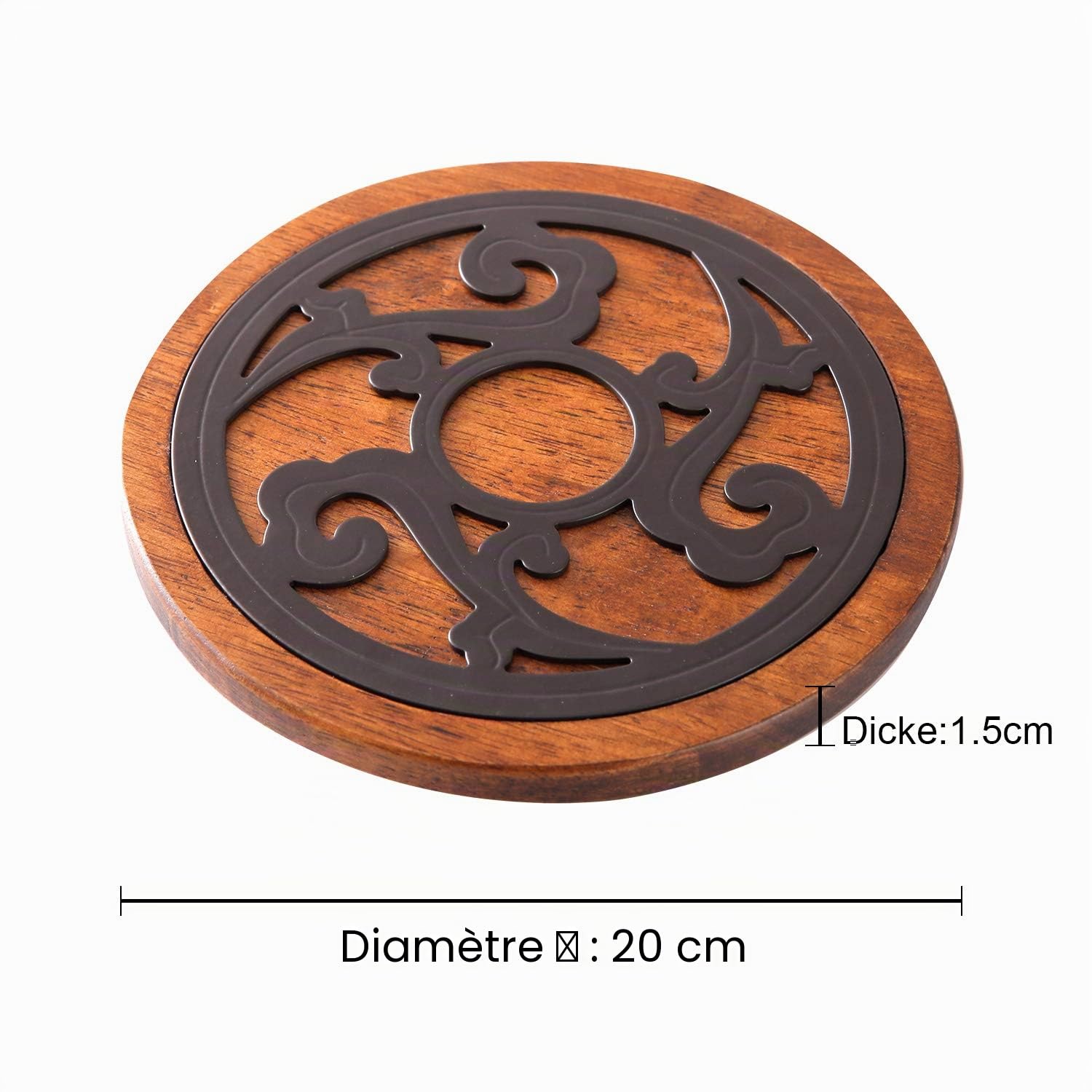 Dessous de Plat en Bois et métal - Rond - Diamètre : 20 cm - Qualité supérieure - Résistant à la Chaleur - pour casseroles Chaudes, poêles à gratin - Convient pour la Cuisine et la Table à Manger