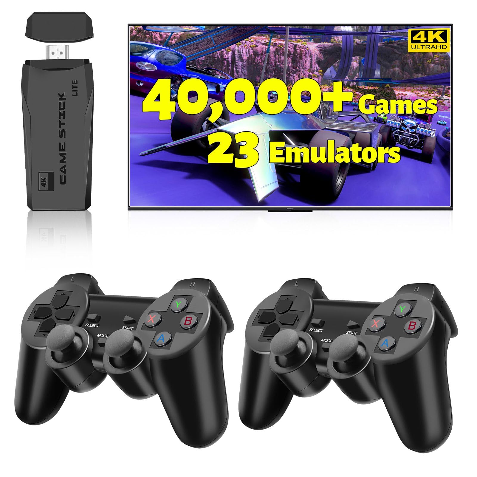 HRYYDS 2026 Retro Gaming Console Pro 4K HDMI with 40,000+ Built-in Classic Video Games - Plug & Play Game Stick for TV with 2 Wireless Controllers | 23 Emulator Support 64GB