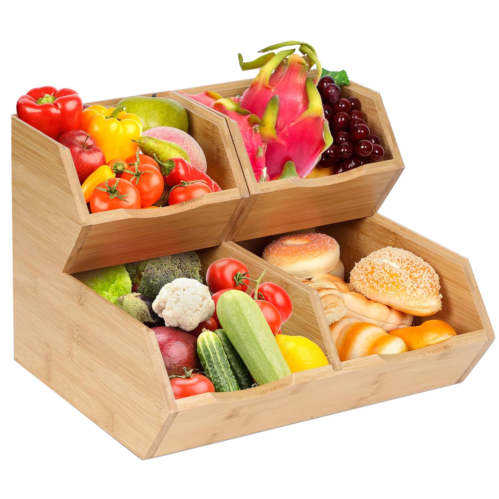Bamboo Stackable Pantry Storage Bins, Kitchen Pantry Organizers and Storage, Potato and Onion Storage Bin, Wood Pantry Baskets for Produce, Fruits,