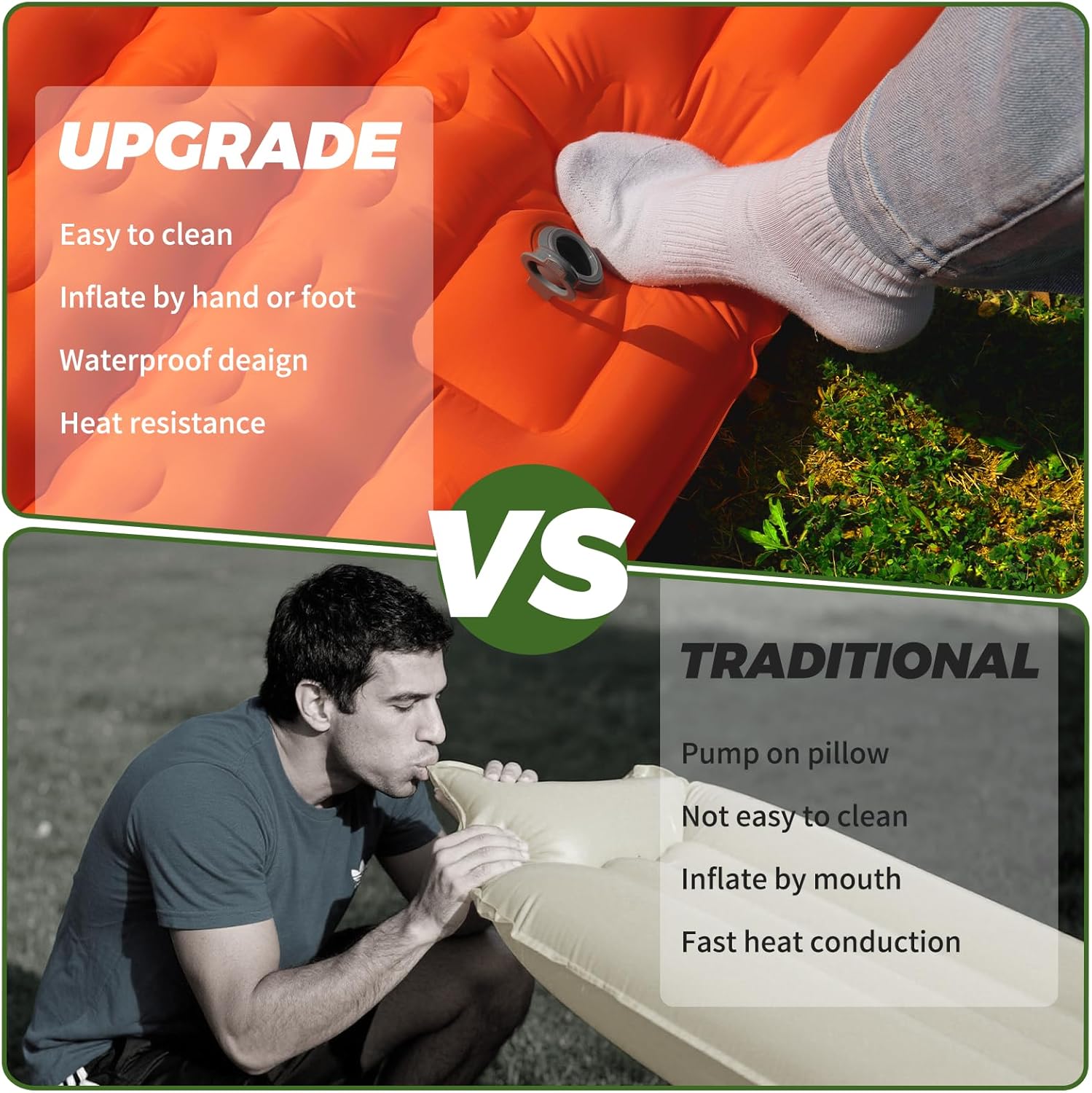 Double Sleeping Pad Self-Inflating, Built-in Foot Pump Extra-Thick Portable Camping Mat for Camping Hiking Travel, Orange