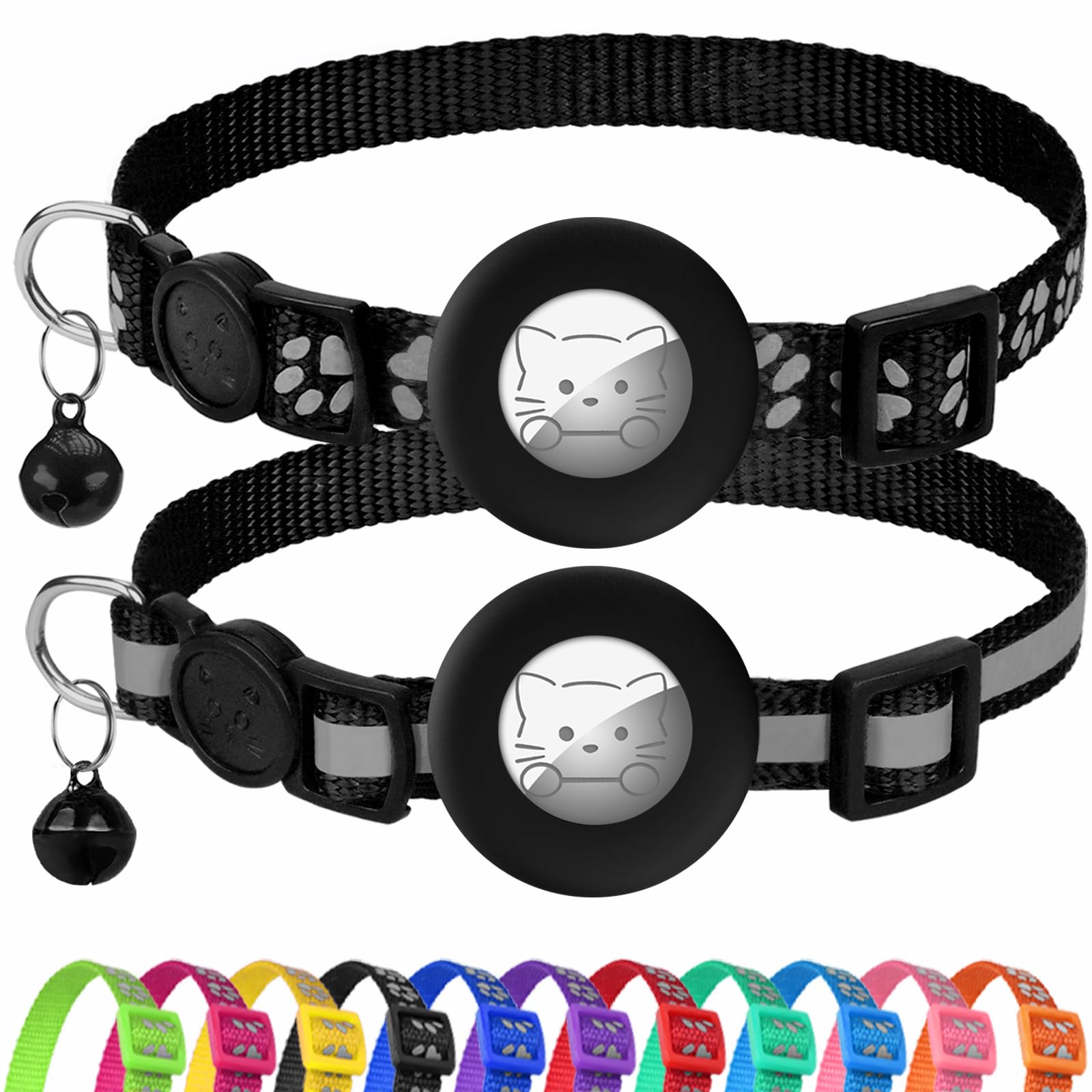 Joytale AirTag Cat Collar 2 Pack with Breakaway Safety Buckle, Reflective Cats Collar with AirTag Holder, Adjustable 7.5-12.5 Inch, Anti-Fraying Lightweight for Girl Boy Kitten, Black