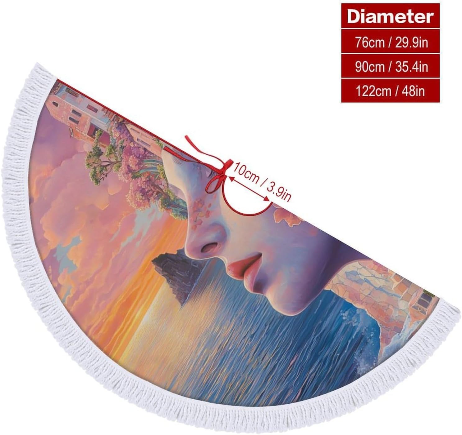 Beach Womans Face House Christmas Tree Skirt Round Xmas Tree Mat Ornaments Tree Skirts with Tassels for Holiday Party