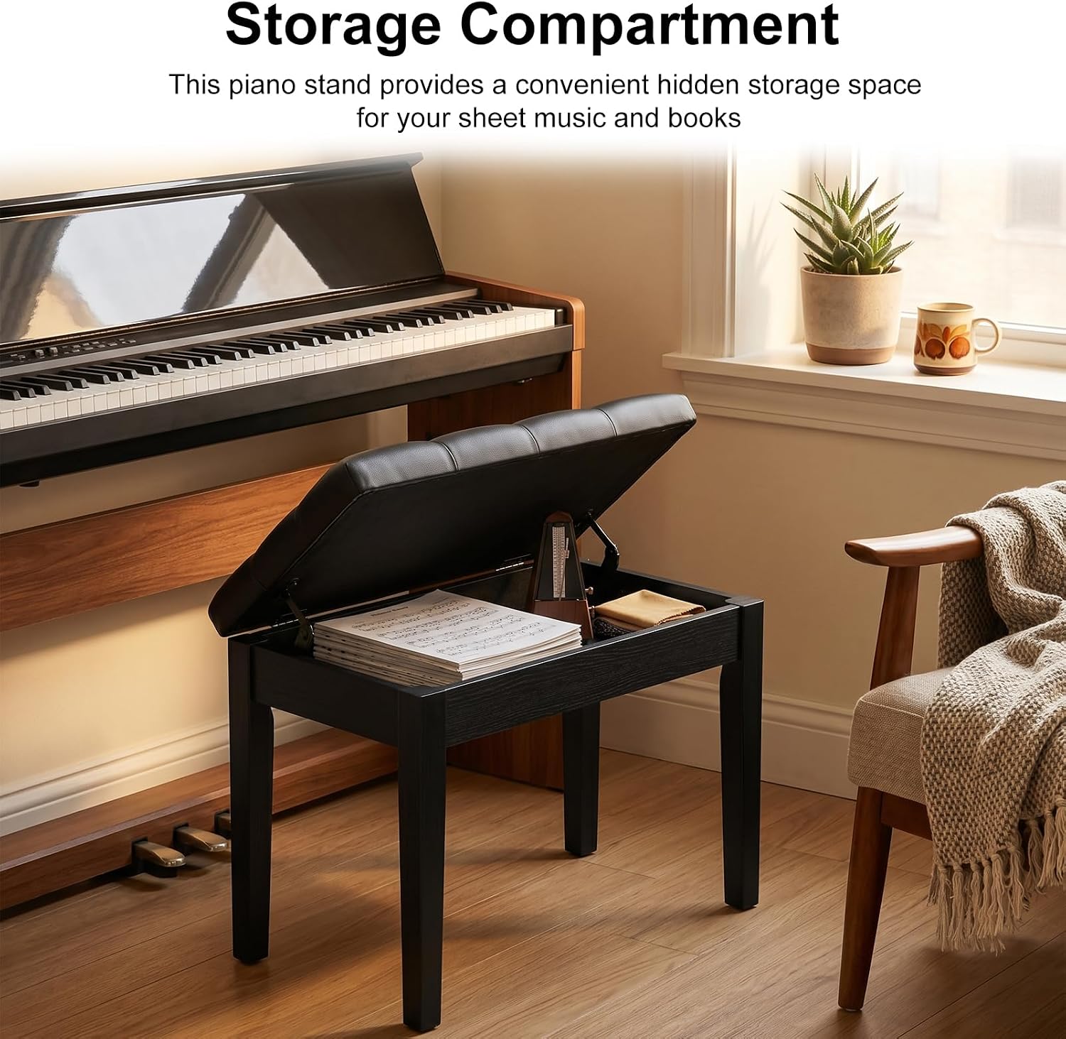 Duet Piano Bench with Storage, PU Cushion Wooden Keyboard Seat