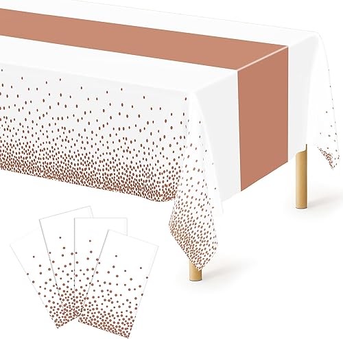 Miniatura 37 de Paquete de 4 manteles desechables de plástico para fiestas, 54" x 108" manteles rectangulares blancos y dorados, mantel impermeable para mesas Punto