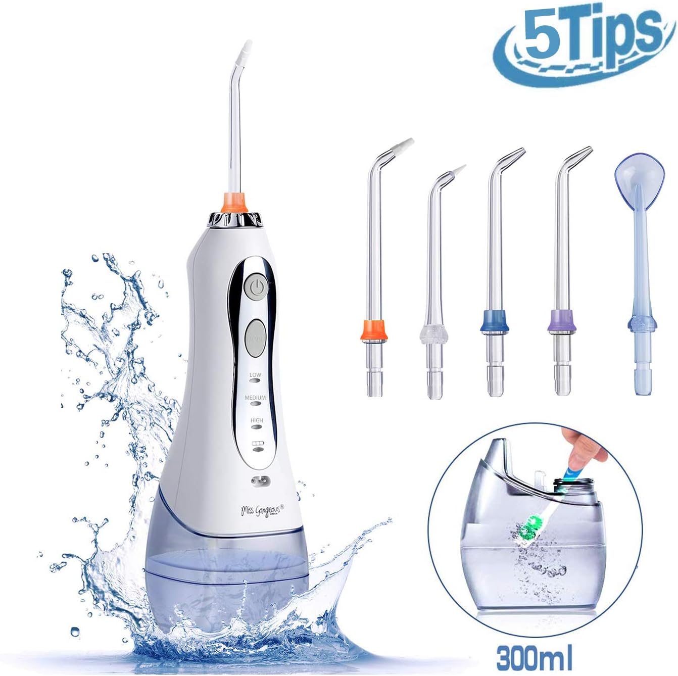Cordless Water Flosser for Teeth - Dental Oral Irrigator Portable Power Flosser with 300ml Water Tank and IPX7 Waterproof 3 Mode USB Rechargable with 5 Jet Nozzles