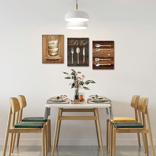 Miniatura 5 de iHAPPYWALL 3 piezas de lienzo de arte de pared vintage para cocina, cuadros con texto en inglés "Let's Eat", póster para el hogar, comedor,