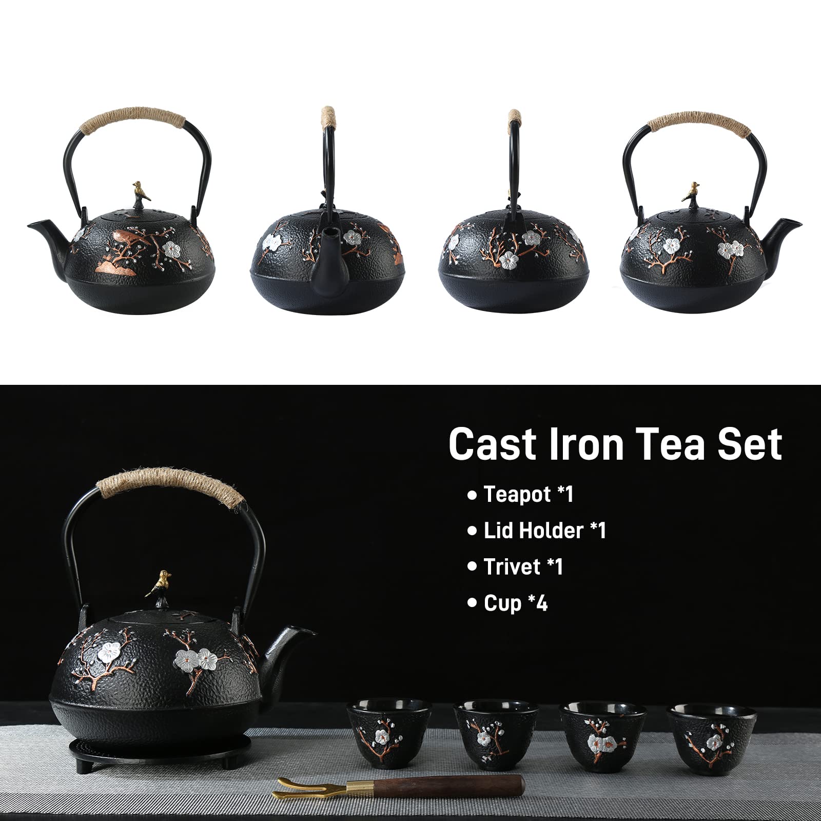 Juego de té de estilo japonés, hermoso juego de tetera de hierro fundido negro con 4 tazas, 1 salvamanteles y 1 soporte de tapa, tetera de 40 onzas con infusor para estufa