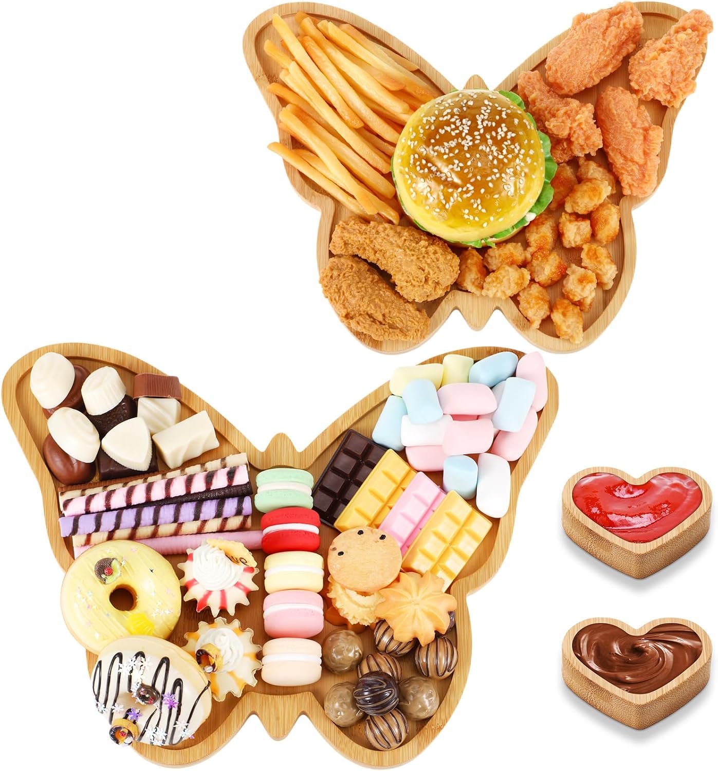 Rtteri 4 Pcs Butterfly Charcuterie Board, Wooden Food Serving Platter Trays with 2 Heart Shaped Dipping Saucers Vegetable Fruits Cookies Dish for Baby Shower Baptism Wedding Birthday Party Decoration