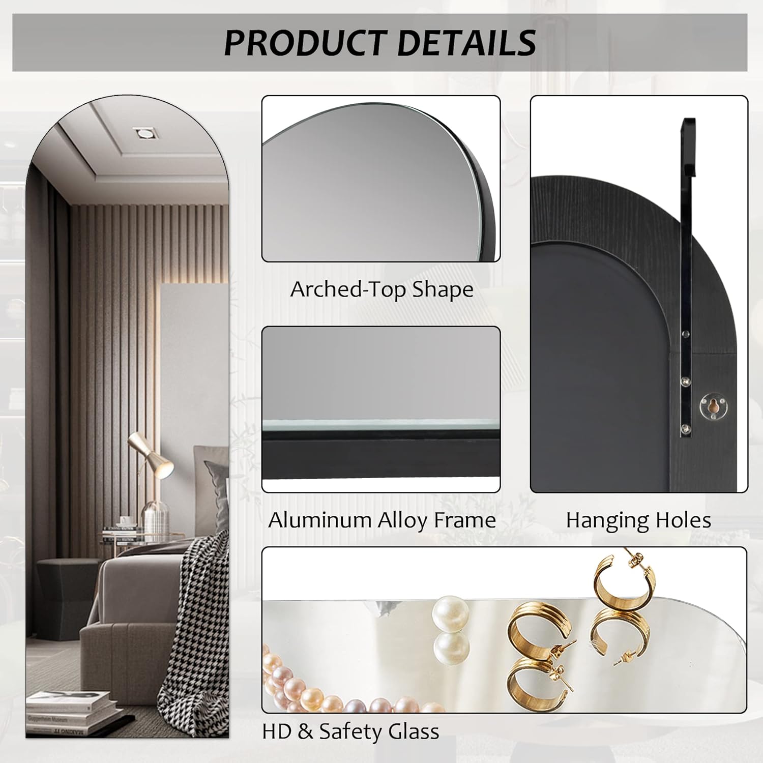 Kasibie Arched Full Length Mirror, 47"x14.5" Wall Mounted Mirror, Over The Door Hanging Mirror, Leaning Against Wall Mirror, Sleek Arched Mirror for Bedroom Living Room (Black) : Home & Kitchen