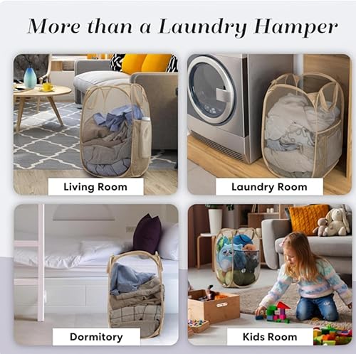 Miniatura 8 de Handy Laundry Cesta Plegable de Malla Emergente con Amplia Apertura y Bolsillo Lateral - Transpirable, Resistente, Plegable y Diseño que Ahorra Beige