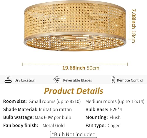 Miniatura 5 de Ventilador de techo enjaulado Boho con luz, ventilador de techo de 20'' de ratán con luz y control remoto de montaje empotrado para dormitorio,