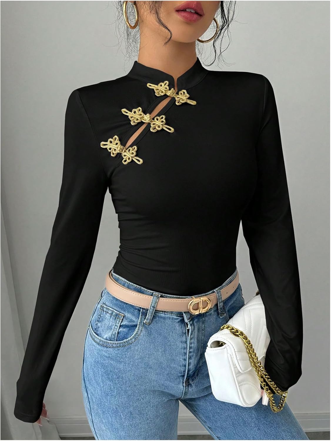 SOLY HUX Women's Long Sleeve Cheongsam Top Mock Neck Slim Fitted Elegant T Shirt Going Out Tops - Image 2