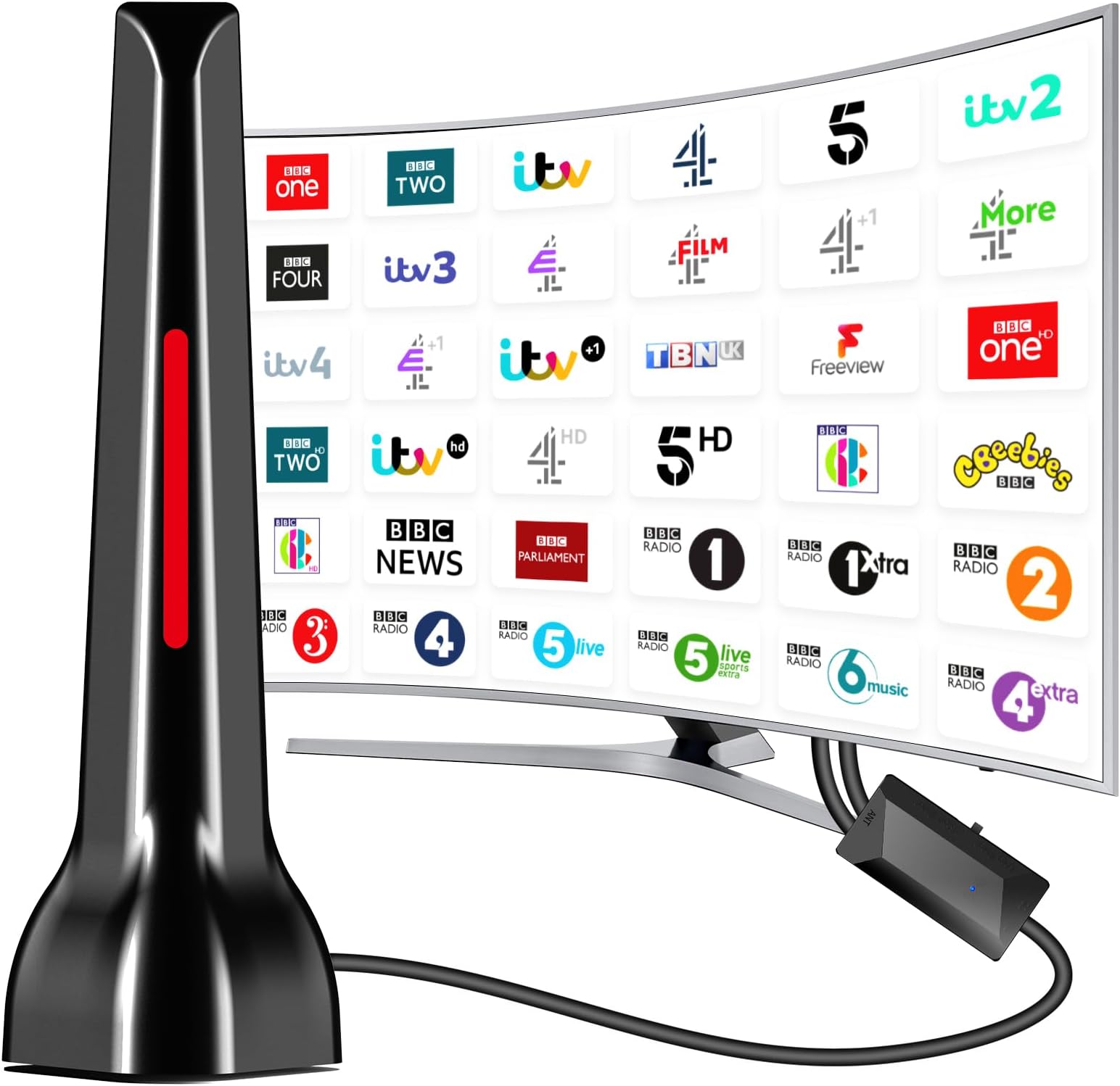 Upgraded Amplifier TV Aerial, Indoor Aerial, Smart TV Aerial, Digital TV, supports 4K 108P Long Distance 360° Reception - Strong Magnetic Base TV antenna- VHF/UHF/DAB