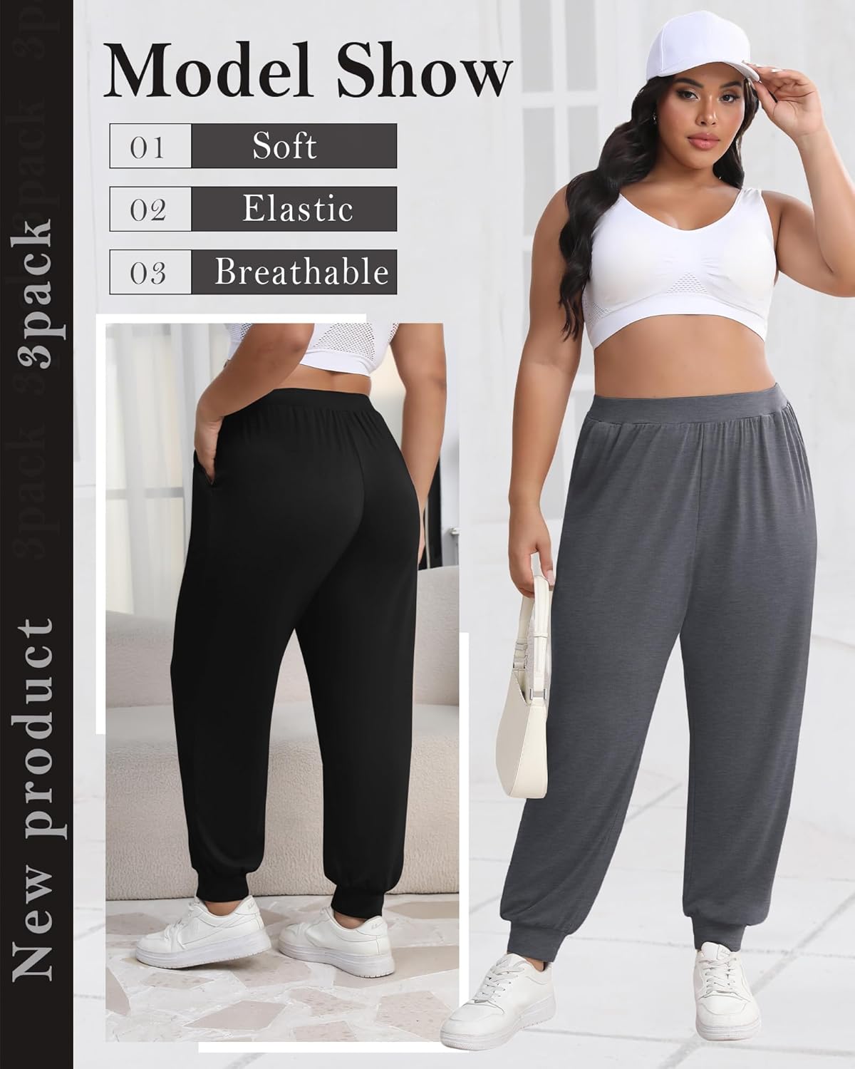 3 Pack Women's Plus Size Yoga Joggers Lounge High Waisted Pants Comfy Loose Workout Sweatpants with Pockets - Image 5