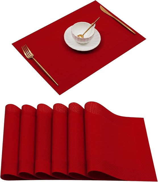 Placemat,U'Artlines Crossweave Woven Vinyl Non-slip Insulation Placemat Washable Table Mats (6pcs placemats, Red)