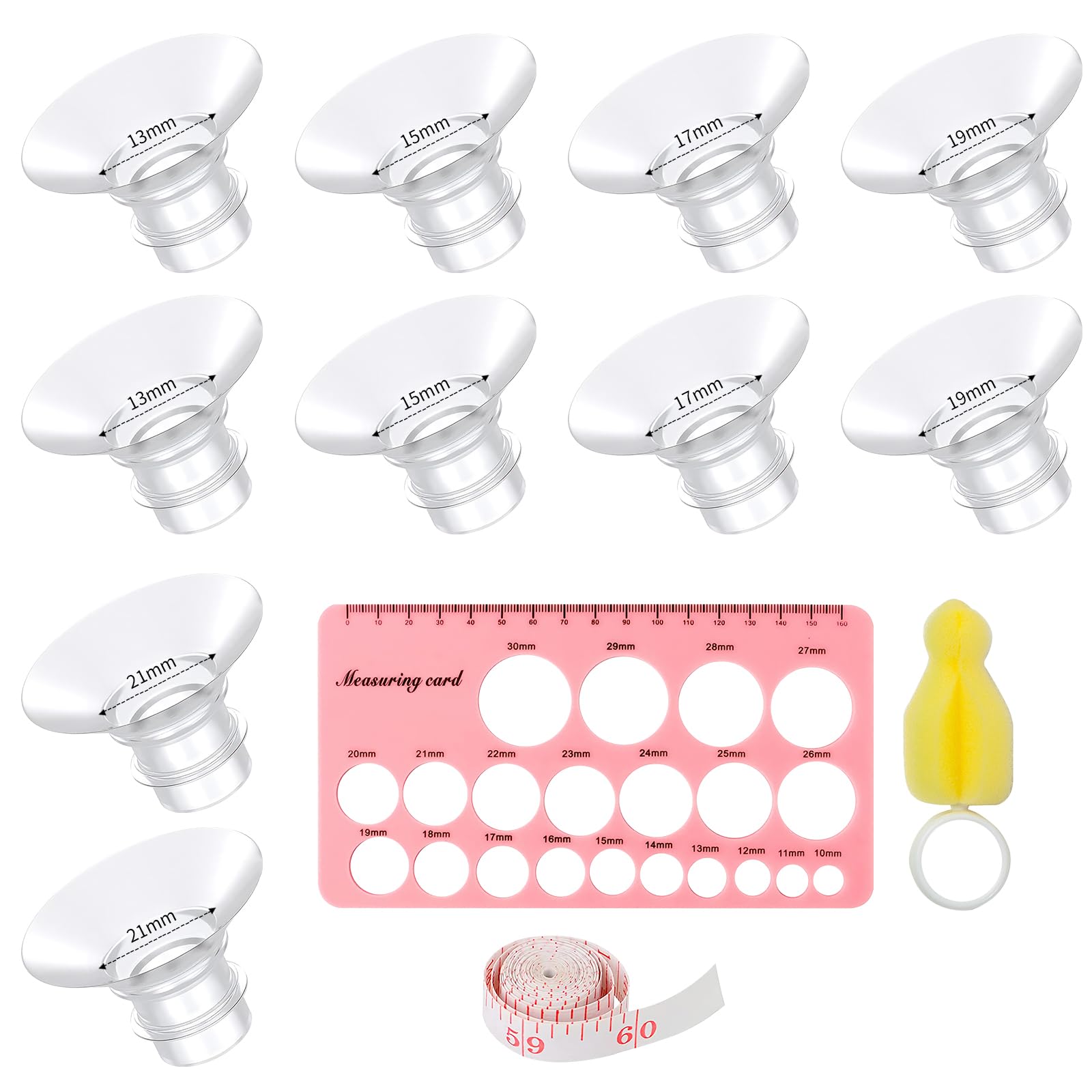 Breast Pump Flange Inserts Set, 10pcs Replacement Silicone Cushions in 5 Sizes + Cleaning Brush & Ruler, Soft