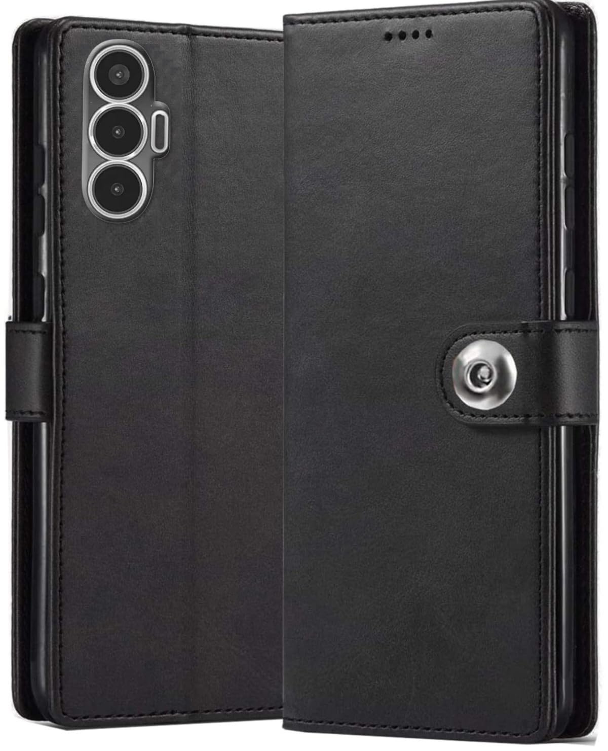 Tecno Pova 3 | Vegan Leather Flip Case Back Cover | (Flexible, Shock Proof | Hand Stitched Leather Finish | Card Pockets Wallet & Stand |Designer Case Only for Smart Users | | Black
