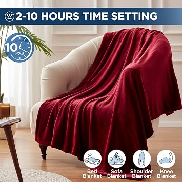 Westinghouse Electric Blanket Heated Throw, Super Cozy Soft Flannel 50 x 60 Heated Throw with 6 Fast Heating Levels & 2-10 Auto-Off, Machine Washable, ETL&FCC Certification, Home Office Use, Red