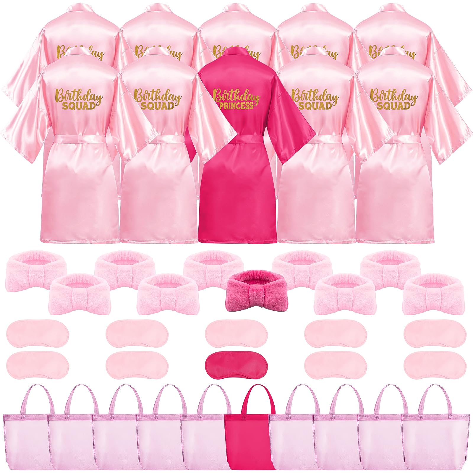 10 Stück Geburtstags-Roben-Set für Mädchen – Satin-Kimono mit Birthday Princess & Birthday Squad + 10 Stirnbänder + 10 Schlafmasken + 10 Geschenkbeutel – Größe 14