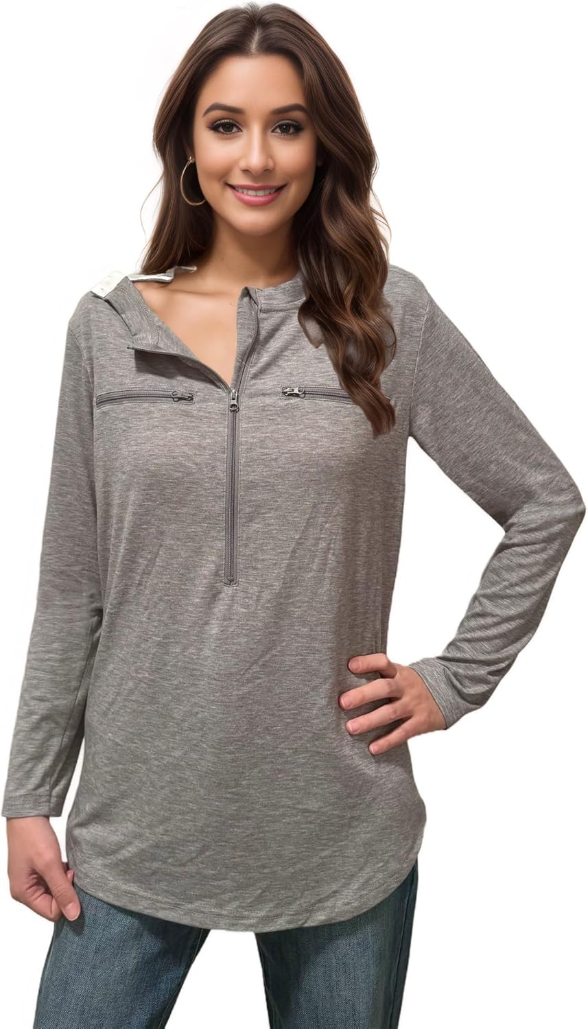 Youdiao Chemo Shirts for Women with Port Access Long Sleeve Side Snaps Dual Zipper for Post Surgery and Dialysis Recovery